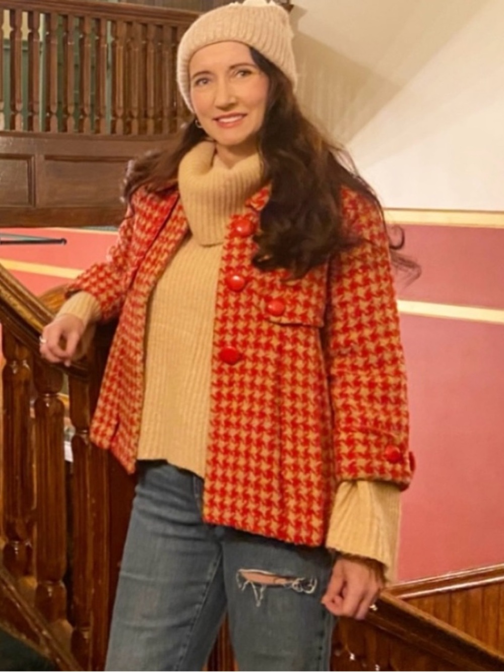 M Rare Anthropologie Red and Tan Vintage Vibes Houndstooth Coat